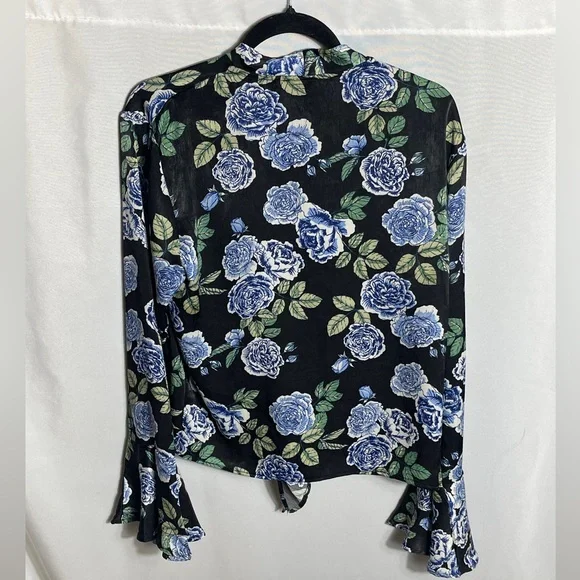 Missguided Black Blue Floral Tie Front Blouse Womens US 6 Sheer Top - Picture 2 of 7
